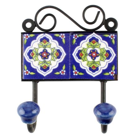 Navy Blue With White Ceramic Floral Tiles Hook 